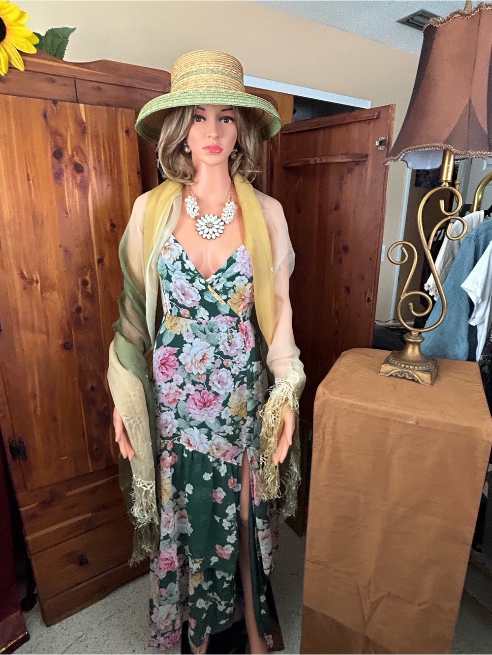Full outfit with Floral V-Neck Green Maxi Dress